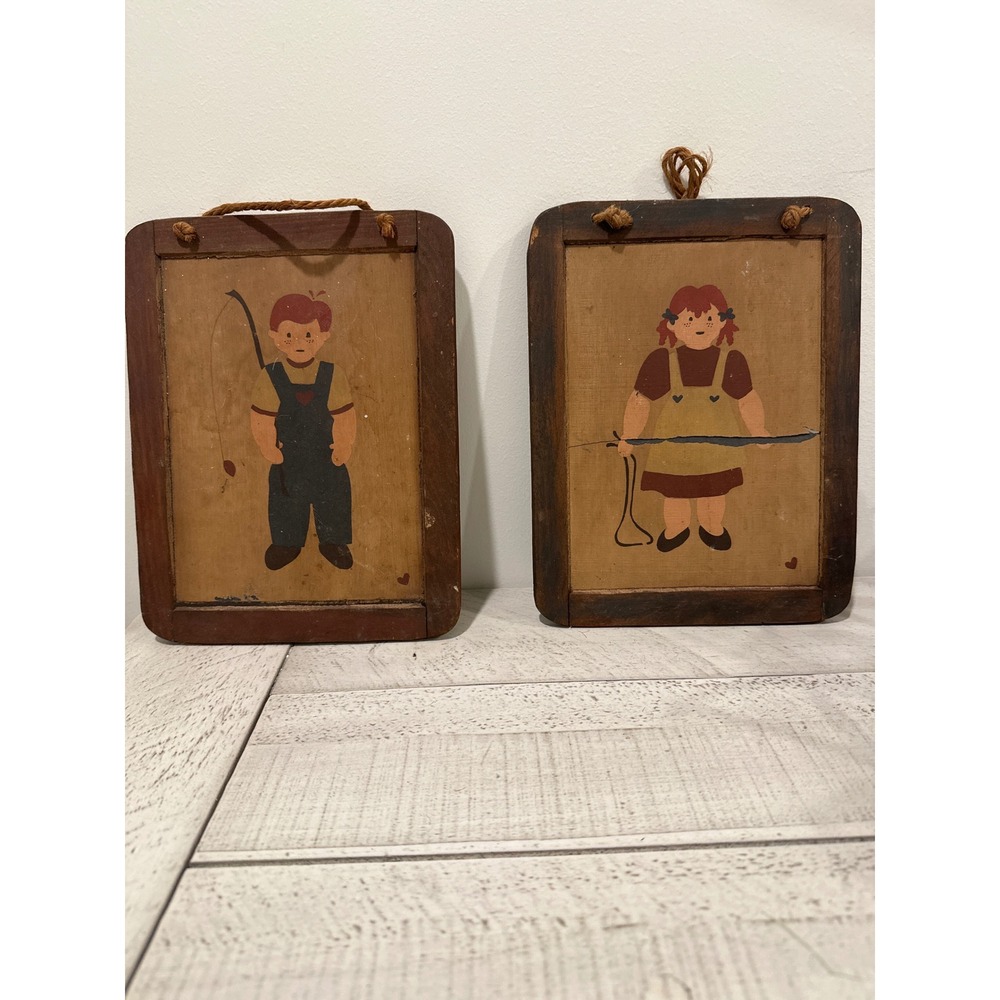 Vintage Hand Painted Folk Art Wooden Slate Chalkboard Pair Boy Girl Fishing 8in